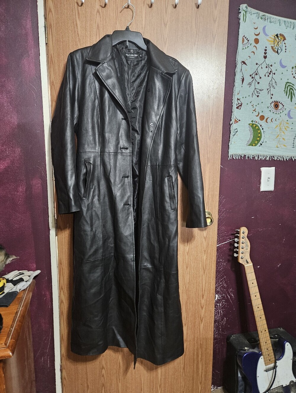 Mia-collection Paris Pvc Black Faux Leather Trenchcoat Size 44 (DAMAGE SHOWN) - Picture 1 of 6